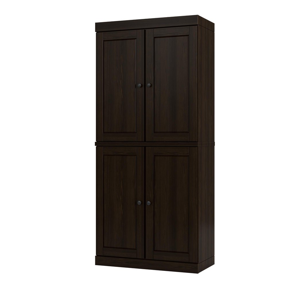 32" Espresso Solid Wood Free Standing Four Door Linen Cabinet. Bathroom storage isolated on a plain white background, in a black wood finish.