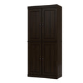 32" Espresso Solid Wood Free Standing Four Door Linen Cabinet. Bathroom storage isolated on a plain white background, in a black wood finish.