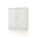 32" White Solid Wood Raised Panel Double Door Linen Cabinet. Bathroom storage isolated on a plain white background, finished in white wood.