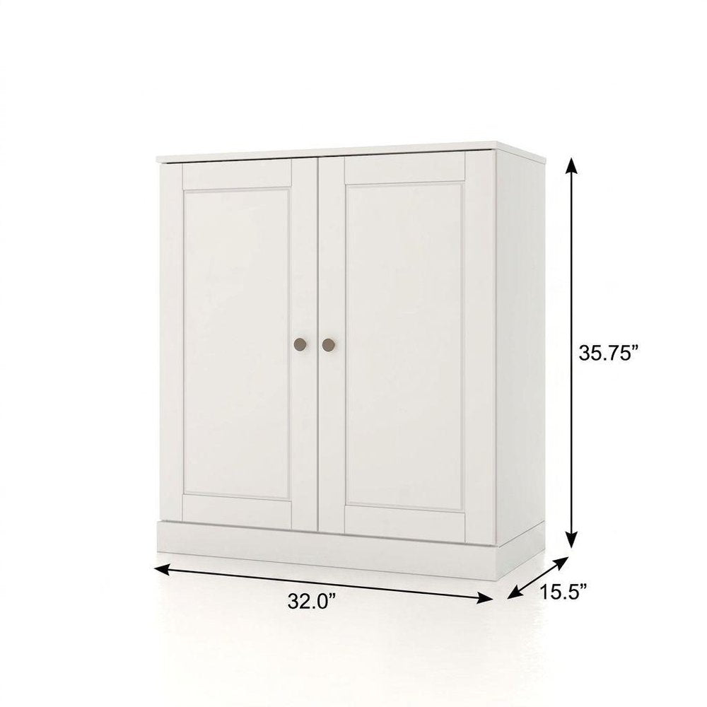 32" White Solid Wood Raised Panel Double Door Linen Cabinet. Bathroom storage isolated on a plain white background, showing a white wood surface.