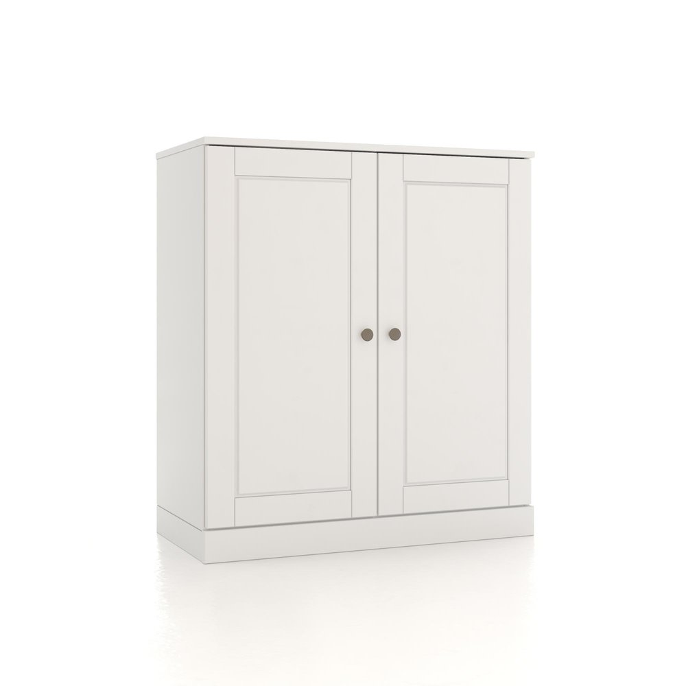 32" White Solid Wood Raised Panel Double Door Linen Cabinet. Bathroom storage isolated on a plain white background, in a white wood finish.