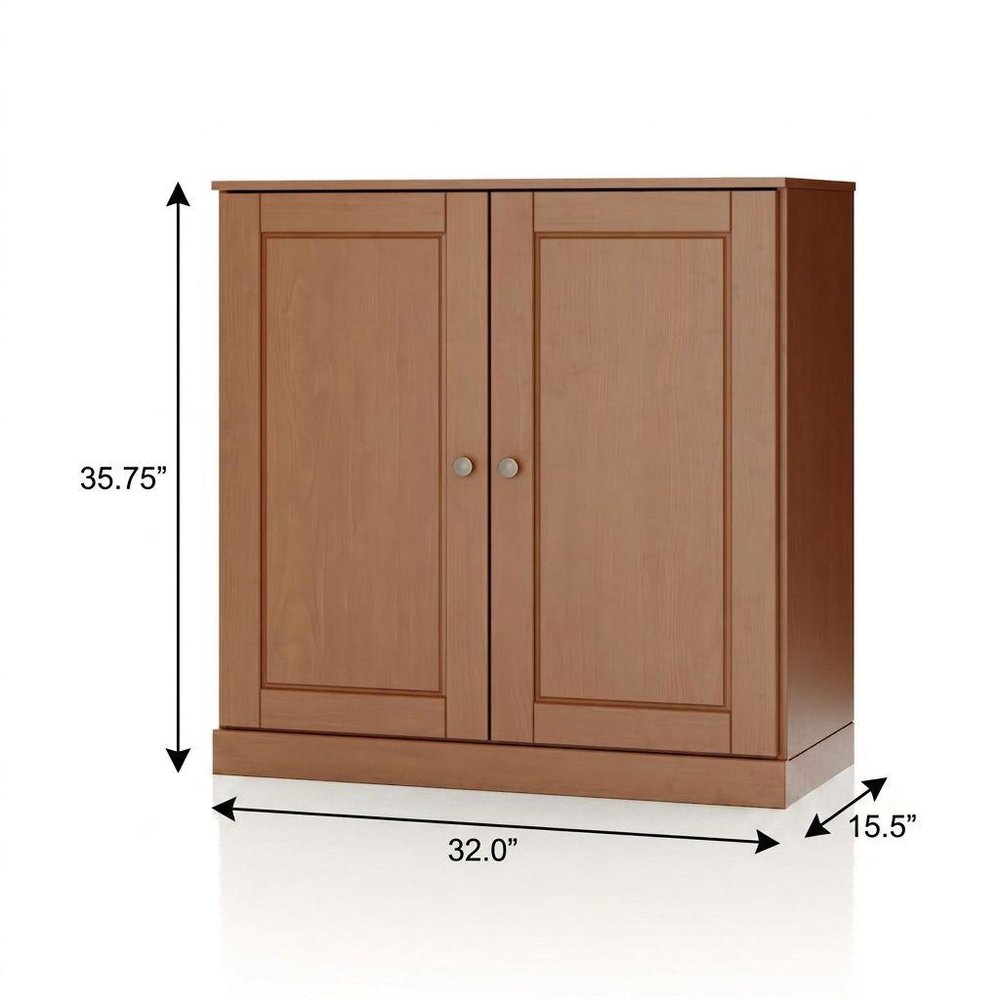 32" White Solid Wood Raised Panel Double Door Linen Cabinet. Bathroom storage isolated on a plain white background, showing a wood surface.