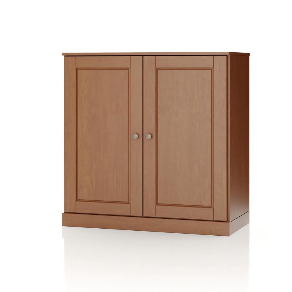 32" White Solid Wood Raised Panel Double Door Linen Cabinet. Bathroom storage isolated on a plain white background, showing a wood surface.