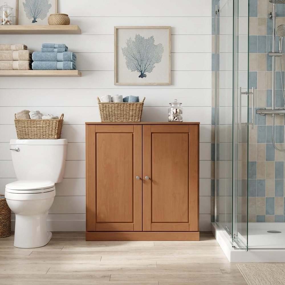 32" White Solid Wood Raised Panel Double Door Linen Cabinet. Bathroom storage in white wood.