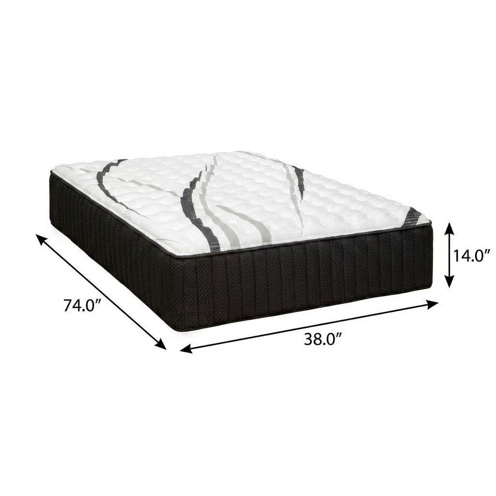Twin size firm hybrid mattress with graphite and titanium infused gel memory foam, 38.0" x 74.0" x 14.0", on a white background.