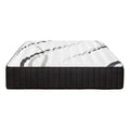 A twin graphite and titanium infused gel memory foam medium hybrid mattress with a black base and white top with gray and black wavy lines.