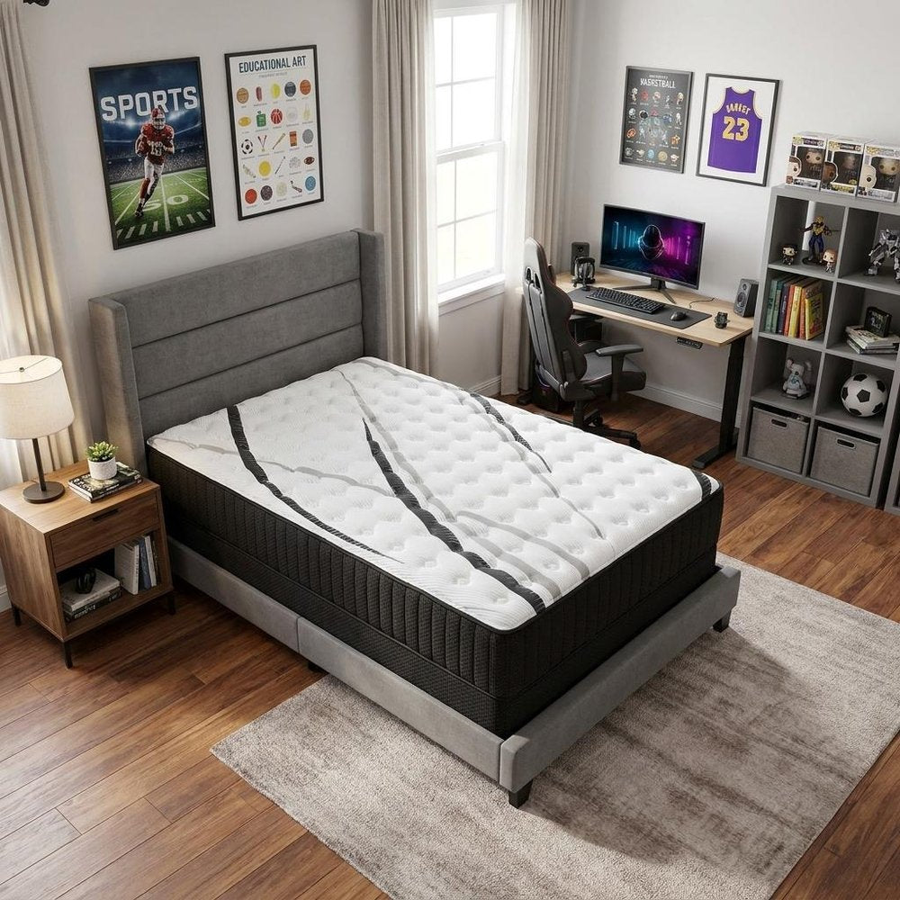 14" Graphite And Titanium Infused Twin Gel Memory Foam Medium Hybrid Mattress styled in a furnished interior with a light gray wall on a wood floor in white.