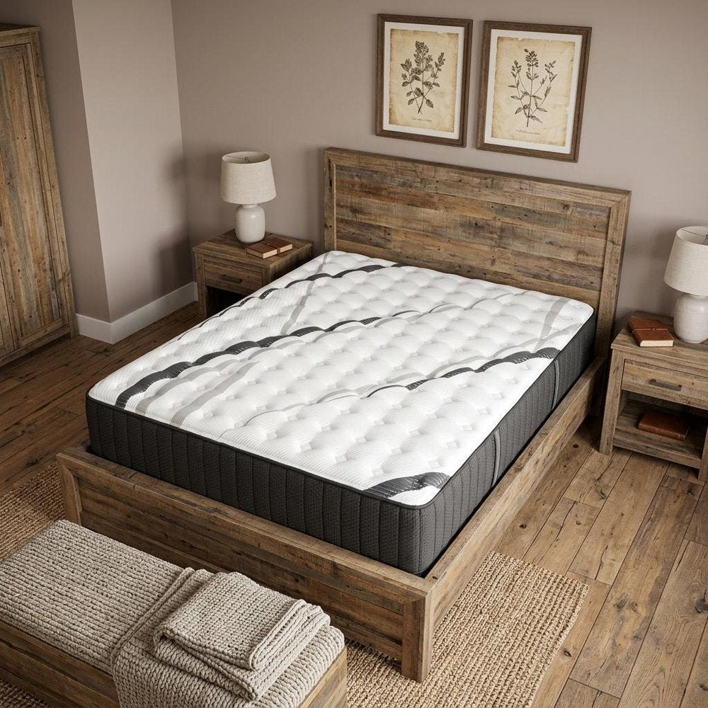 14" Graphite And Titanium Infused Twin Gel Memory Foam Medium Hybrid Mattress styled in a furnished interior with a tan wall on a wood floor.