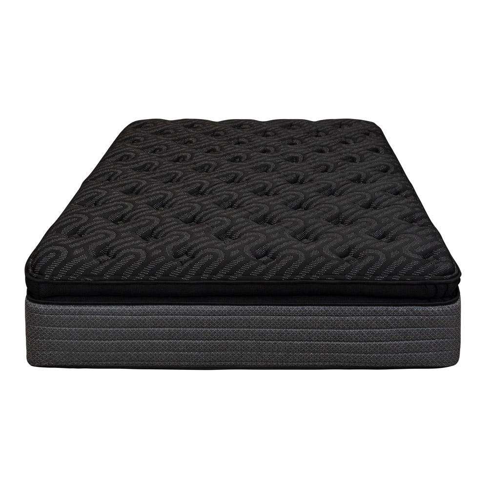 A black and gray hybrid mattress with a patterned top and a textured base, shown on a white background.