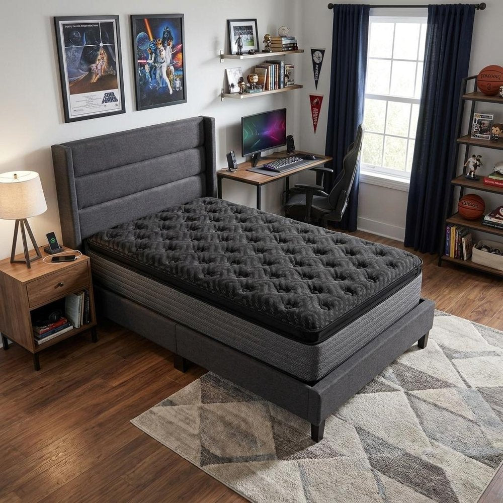 15" Copper Infused Twin Gel Memory Foam Ultra plush Hybrid Mattress styled in a furnished interior with a gray wall on a dark wood floor in black.