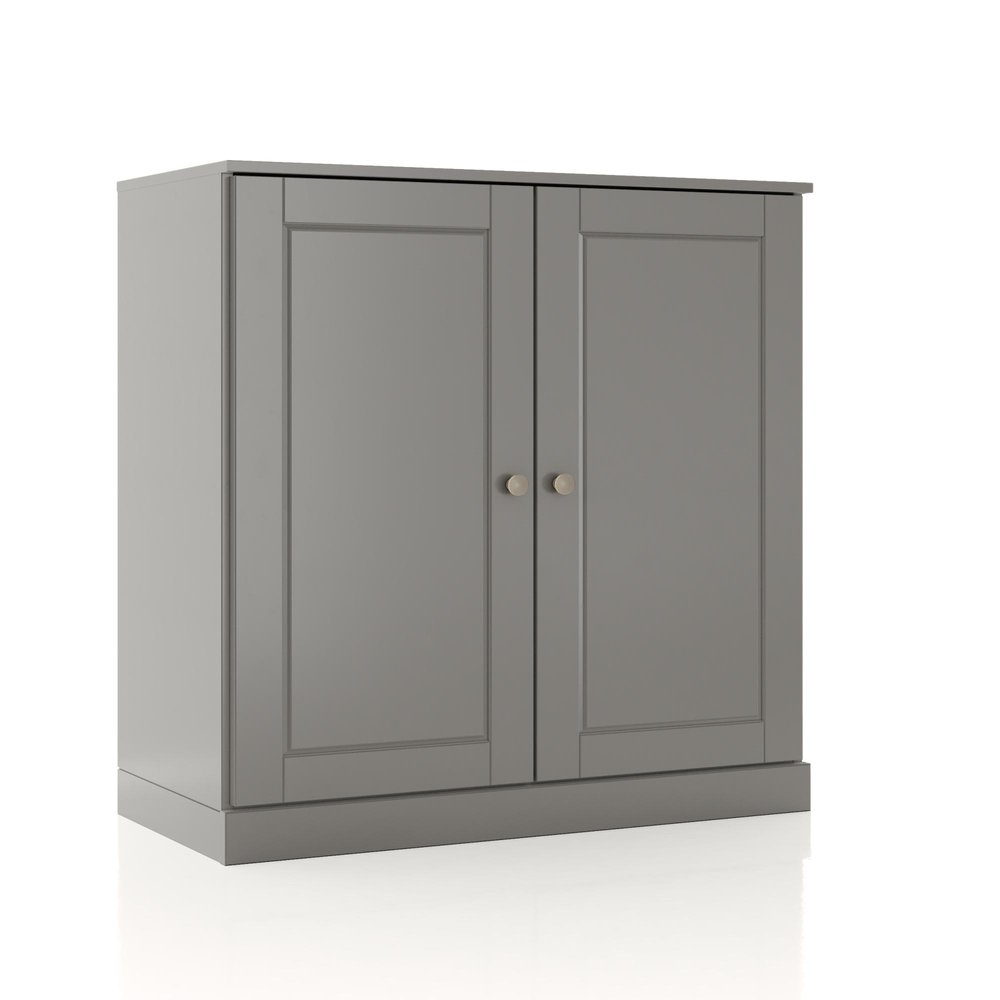 Gray solid wood double door linen cabinet with two round knobs, shown against a white background.