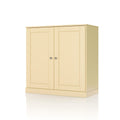 32" Yellow Solid Wood Free Standing Double Door Linen Cabinet. Bathroom storage isolated on a plain white background, showing a yellow wood surface.