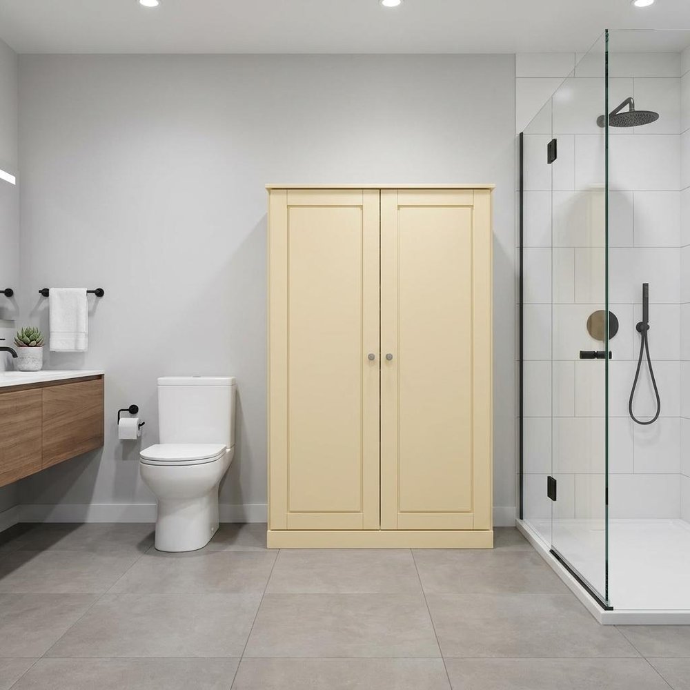 32" Yellow Solid Wood Free Standing Double Door Linen Cabinet