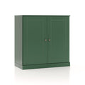 32" Green Solid Wood Free Standing Double Door Linen Cabinet. Bathroom storage isolated on a plain white background, finished in green wood.