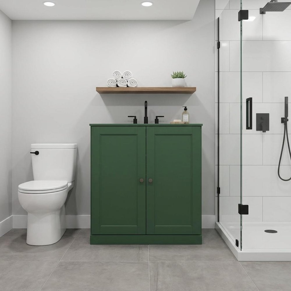 32" Green Solid Wood Free Standing Double Door Linen Cabinet