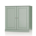 32" Sage Solid Wood Free Standing Double Door Linen Cabinet. Bathroom storage isolated on a plain white background, showing a wood surface.