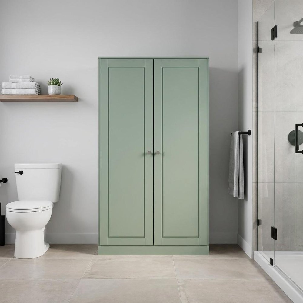 32" Sage Solid Wood Free Standing Double Door Linen Cabinet
