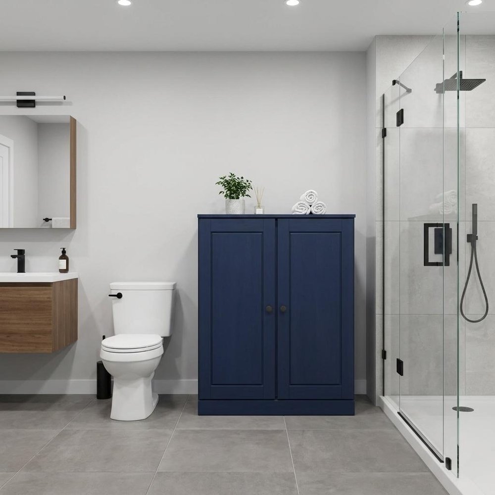 32" Navy Blue Solid Wood Free Standing Double Door Linen Cabinet