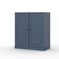 32" French Blue Solid Wood Free Standing Double Door Linen Cabinet. Bathroom storage isolated on a plain white background, in a blue wood finish.