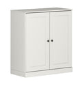 32" Off White Solid Wood Free Standing Double Door Linen Cabinet. Bathroom storage isolated on a plain white background, in a off-white wood finish.