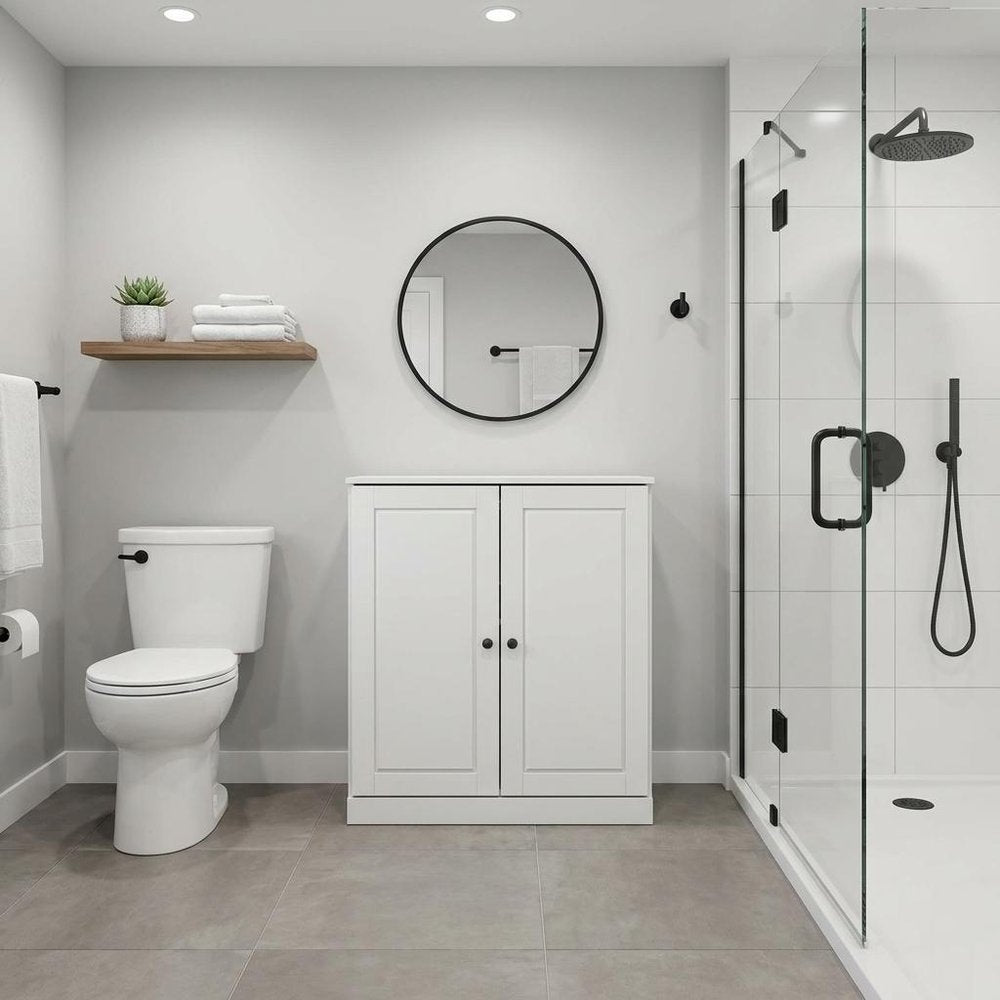 32" Off White Solid Wood Free Standing Double Door Linen Cabinet. Bathroom storage in off-white wood.