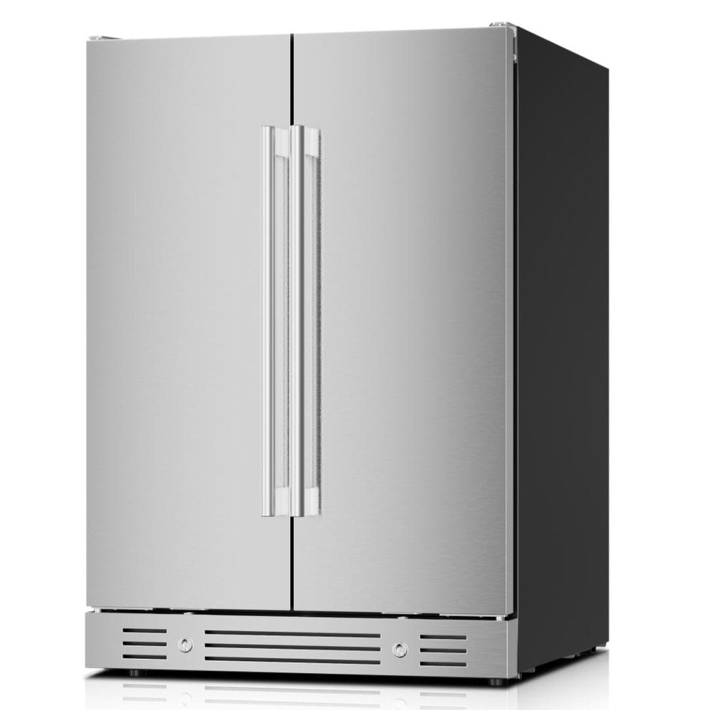 34" X 23" Silver Stainless Steel Dual Compartment Wine And Beverage Refrigerator