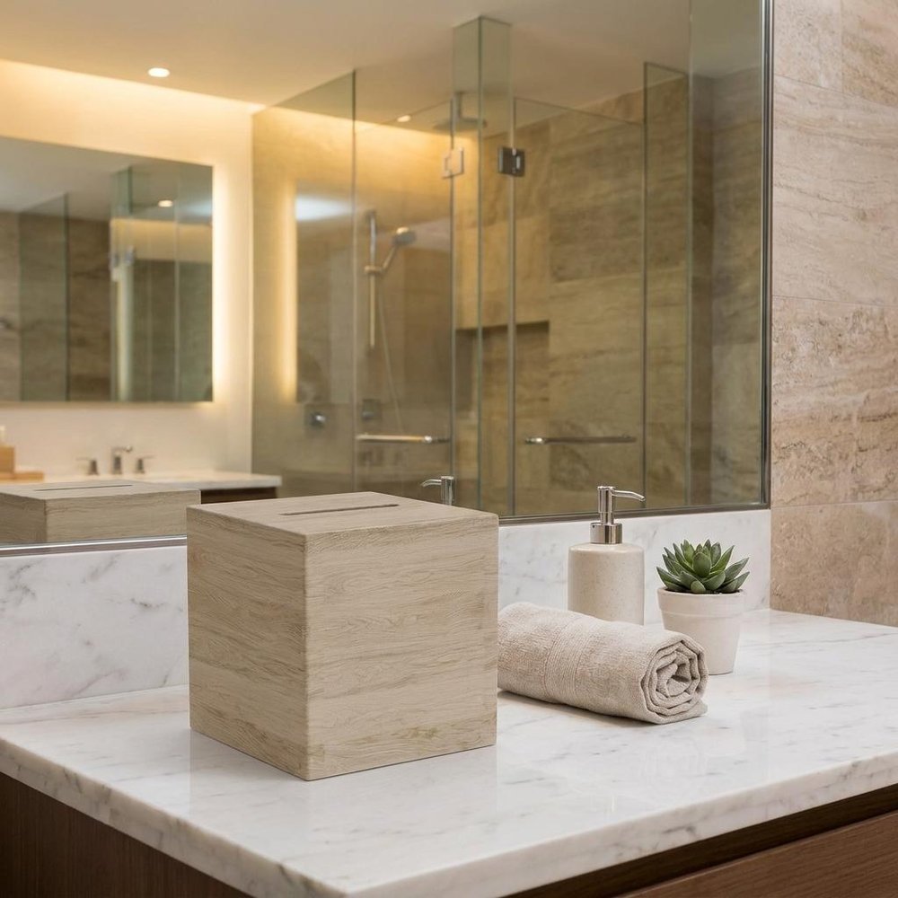 6" Brown Solid Wood Bathroom Storage Furniture Set styled in a furnished interior with a tan wall on a off-white floor.