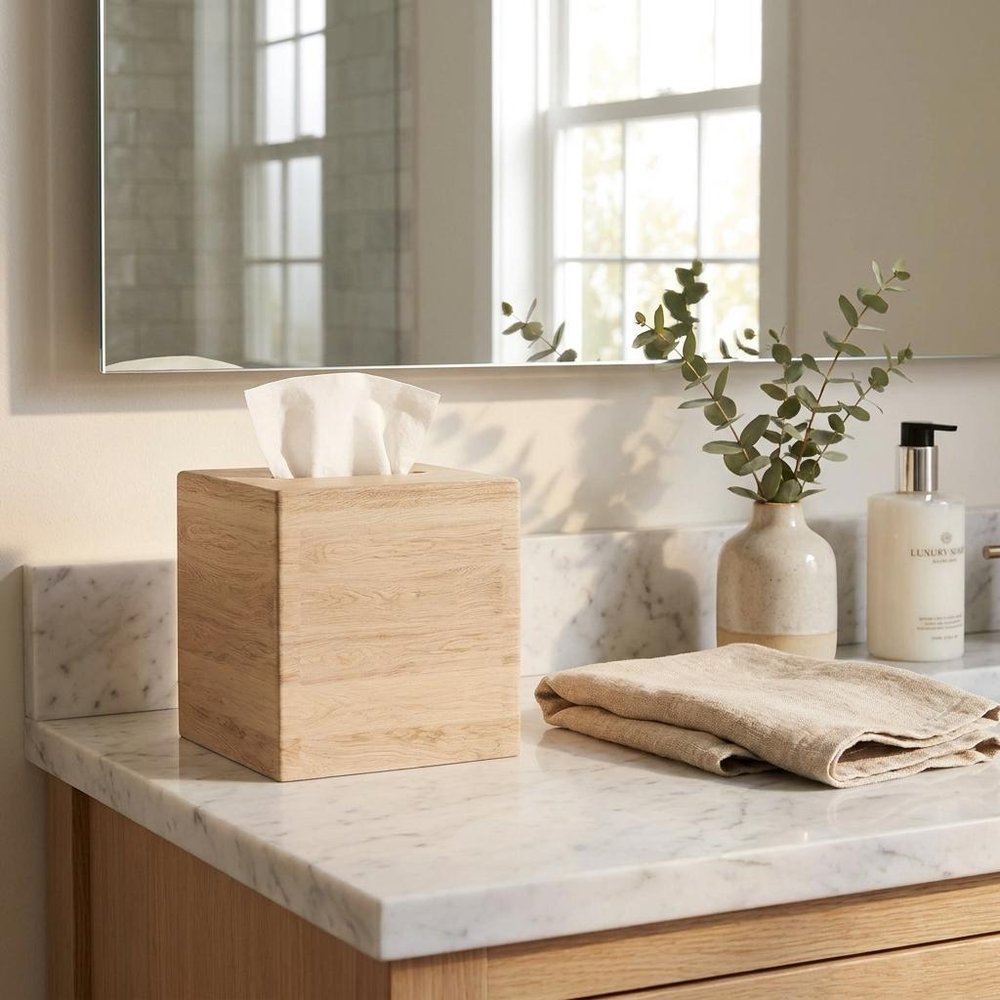 6" Brown Solid Wood Bathroom Storage Furniture Set styled in a furnished interior with a tan wall on a dark wood floor.