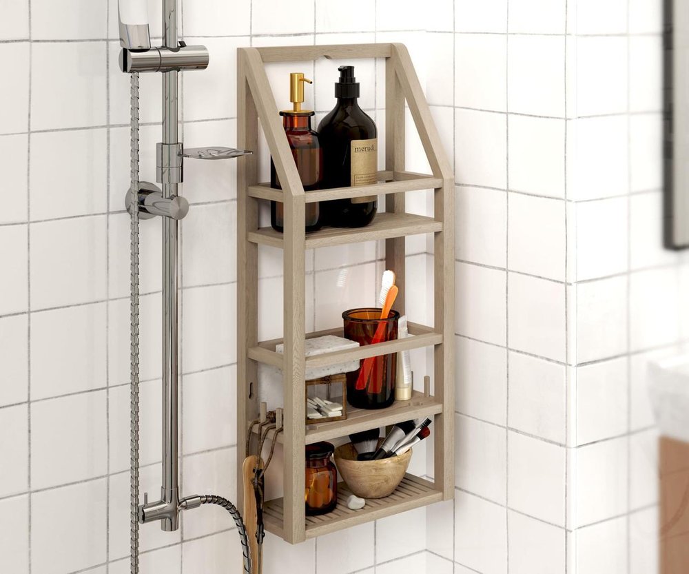 5" Brown Solid Wood Bathroom Storage Furniture Set. Bathroom storage isolated on a plain white background, finished in brown wood.