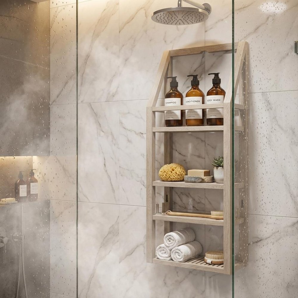 5" Brown Solid Wood Bathroom Storage Furniture Set styled in a furnished interior with a cream wall on a wood floor.