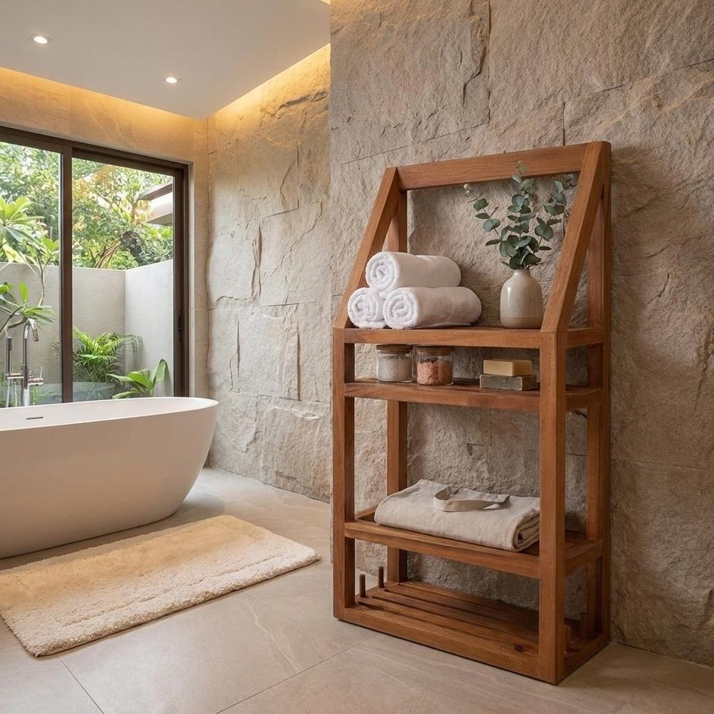 5" Brown Solid Wood Bathroom Storage Furniture Set styled in a furnished interior with a tan wall on a wood floor.