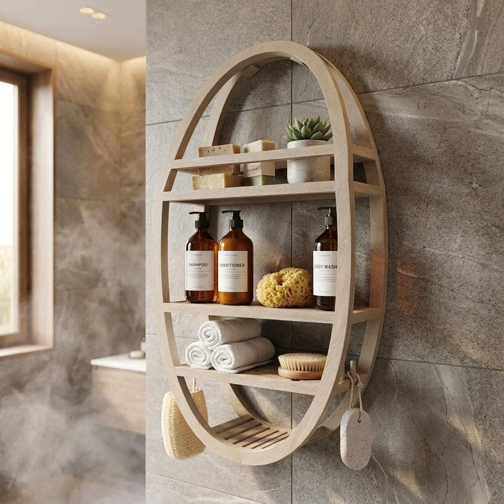 13" Gray Solid Wood Wall Mounted Shower Caddy styled in a furnished interior with a tan wall on a wood floor.