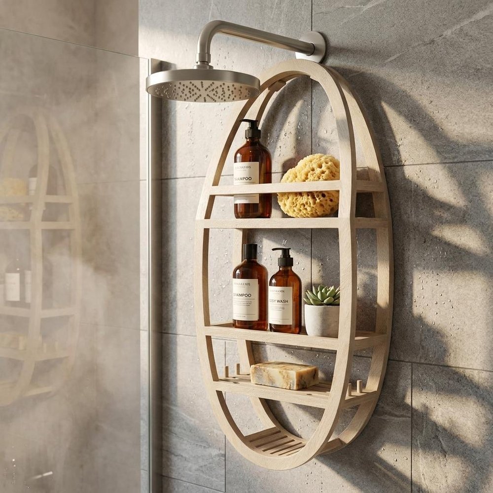 13" Gray Solid Wood Wall Mounted Shower Caddy.
