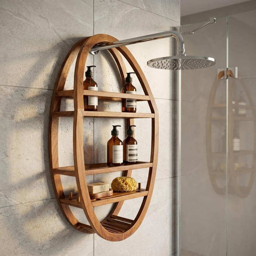 5" Brown Solid Wood Bathroom Storage Furniture Set styled in a furnished interior with a tan wall on a wood floor.