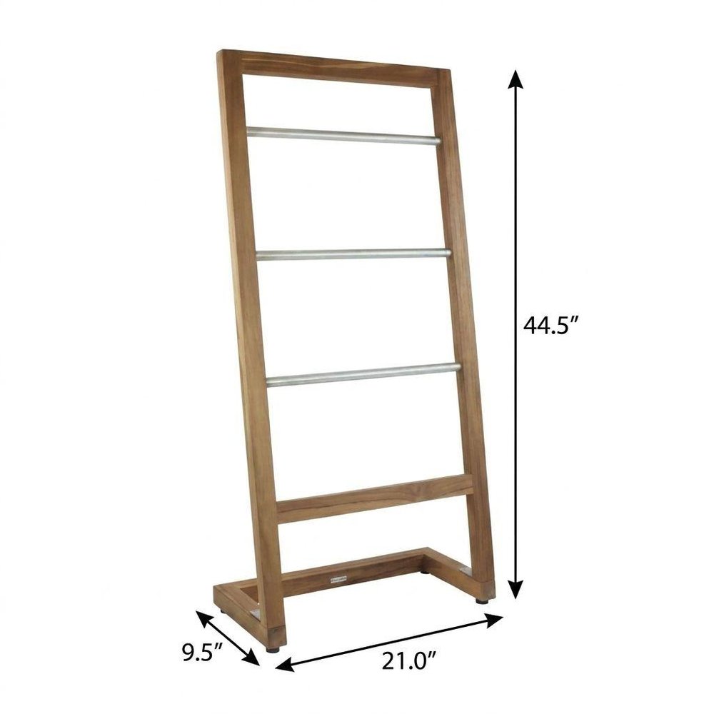 45" Brown And Silver Stainless Steel And Teak Towel Stand. Bathroom storage isolated on a plain white background, finished in brown metal.