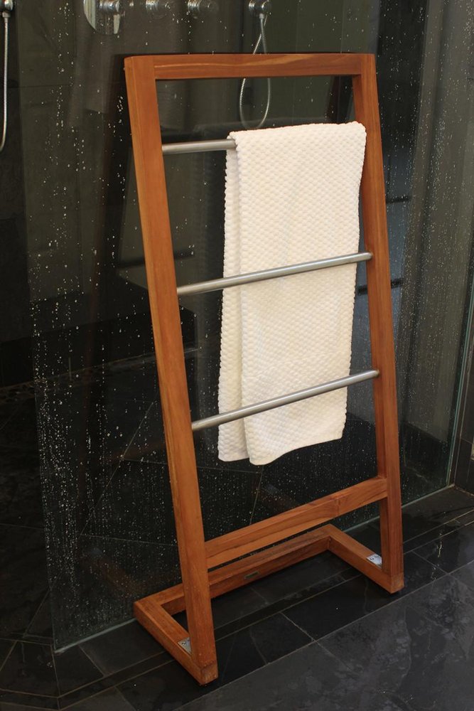 45" Brown And Silver Stainless Steel And Teak Towel Stand