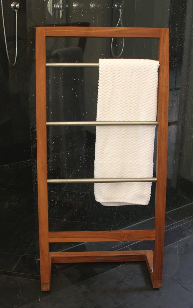 45" Brown And Silver Stainless Steel And Teak Towel Stand