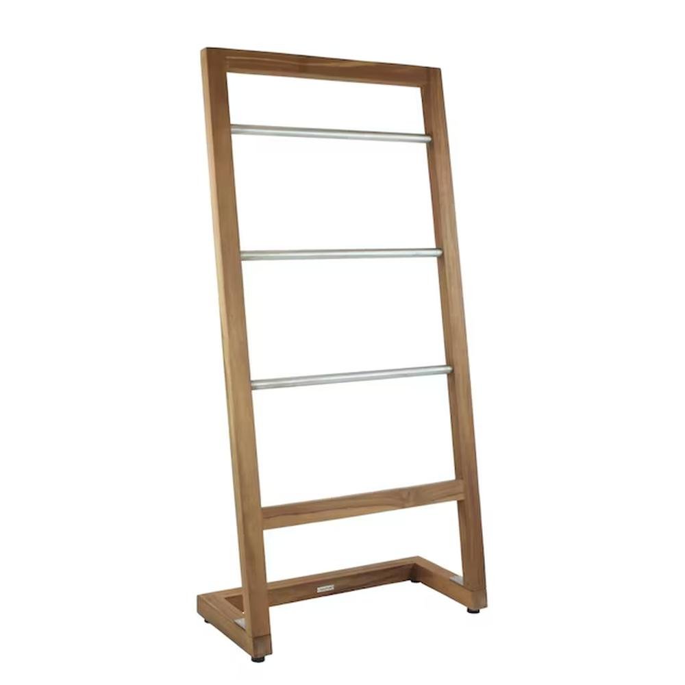 45" Brown And Silver Stainless Steel And Teak Towel Stand