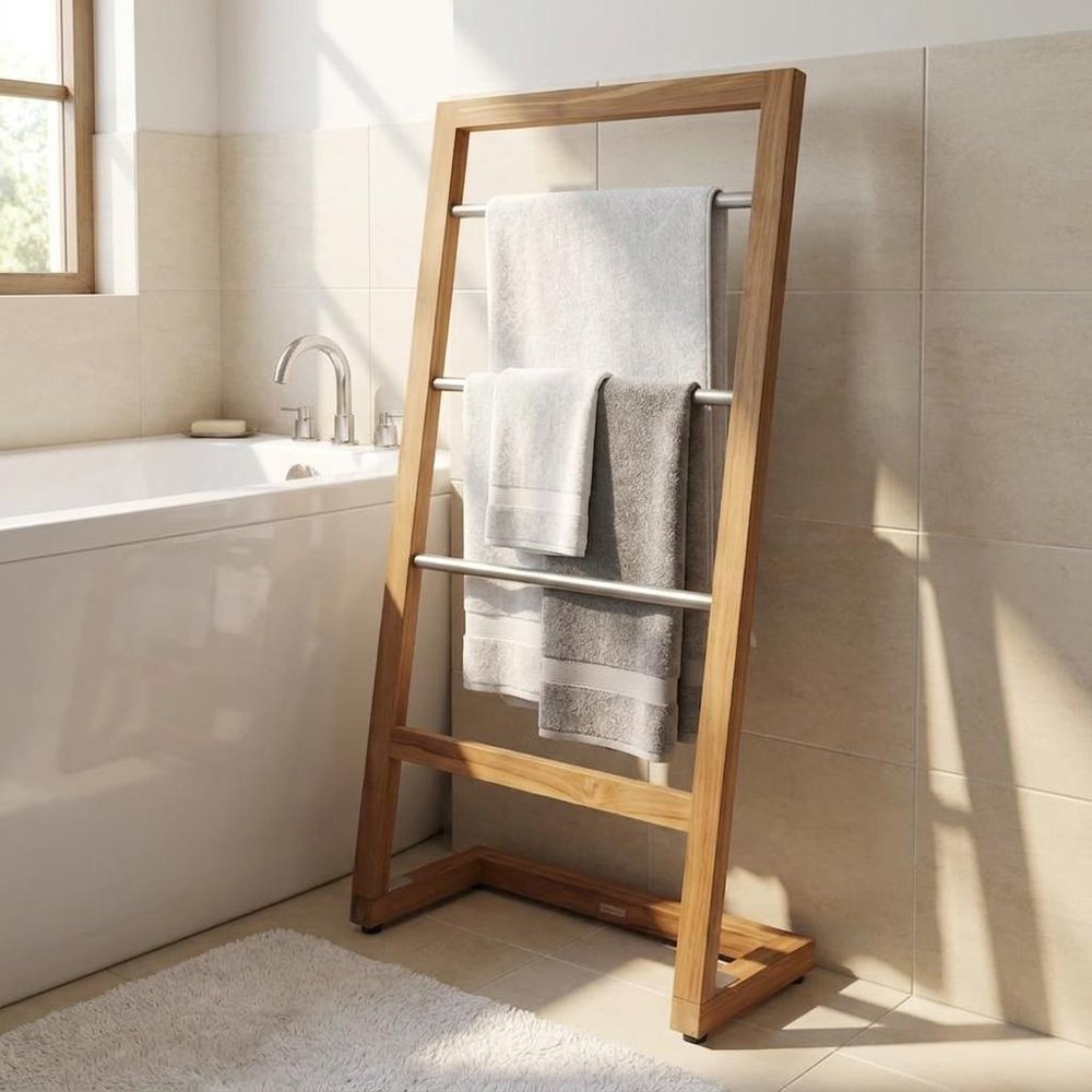 45" Brown And Silver Stainless Steel And Teak Towel Stand styled in a furnished interior with a tan wall on a wood floor.