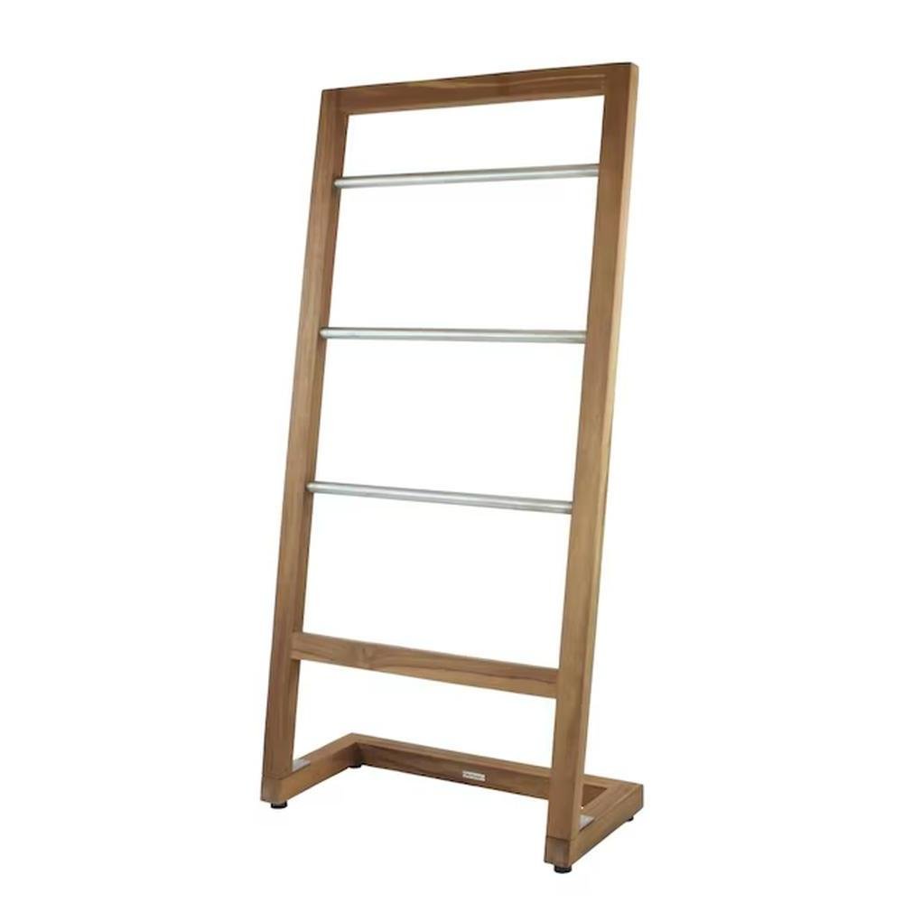 45" Brown And Silver Stainless Steel And Teak Towel Stand. Bathroom storage isolated on a plain white background, in a brown metal finish.