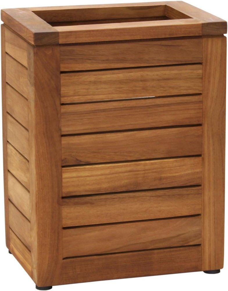 Rectangular wooden planter with horizontal slats and a wooden rim, shown against a white background.