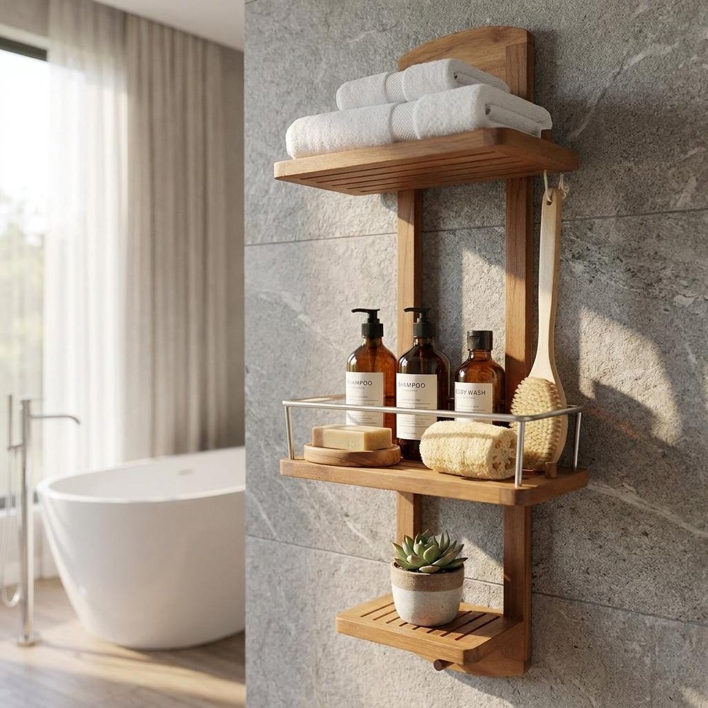 5" Brown Solid Wood Bathroom Storage Furniture Set styled in a furnished interior with a gray wall on a wood floor.