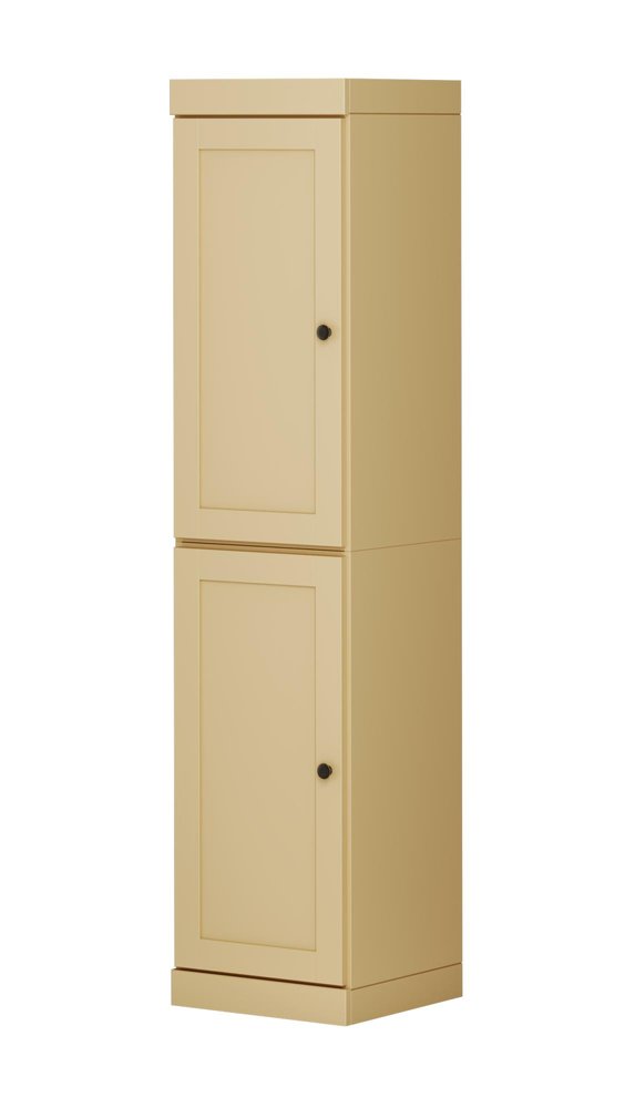 Tall yellow two-door storage cabinet with black knobs against a white background.
