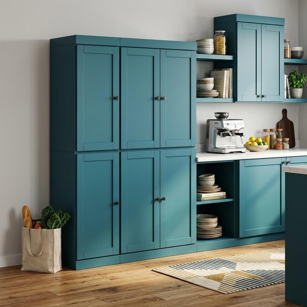 72" Teal Blue Solid Wood 8 Pantry Or Storage Closet