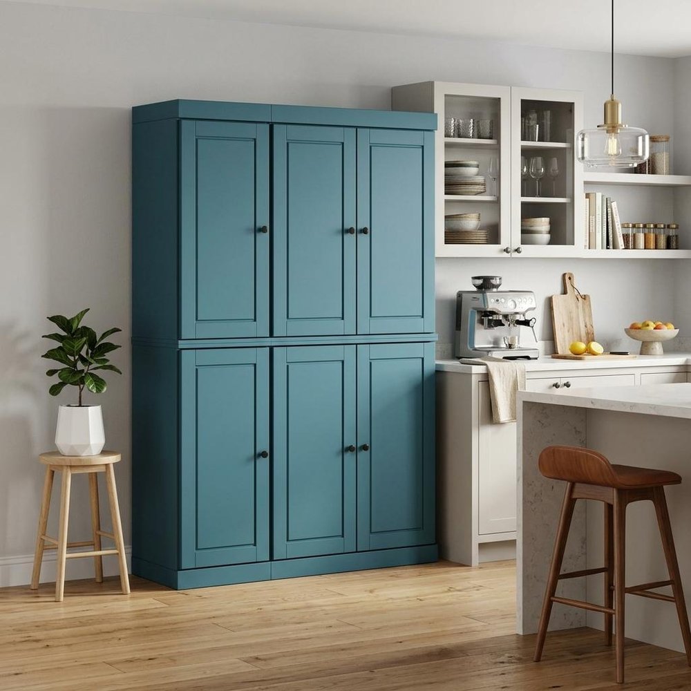 72" Teal Blue Solid Wood 8 Pantry Or Storage Closet