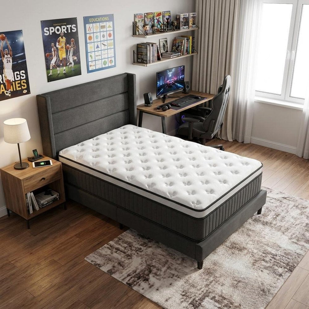14" Twin Memory Foam Medium Euro Top Hybrid Mattress styled in a furnished interior with a light gray wall on a dark wood floor in white.