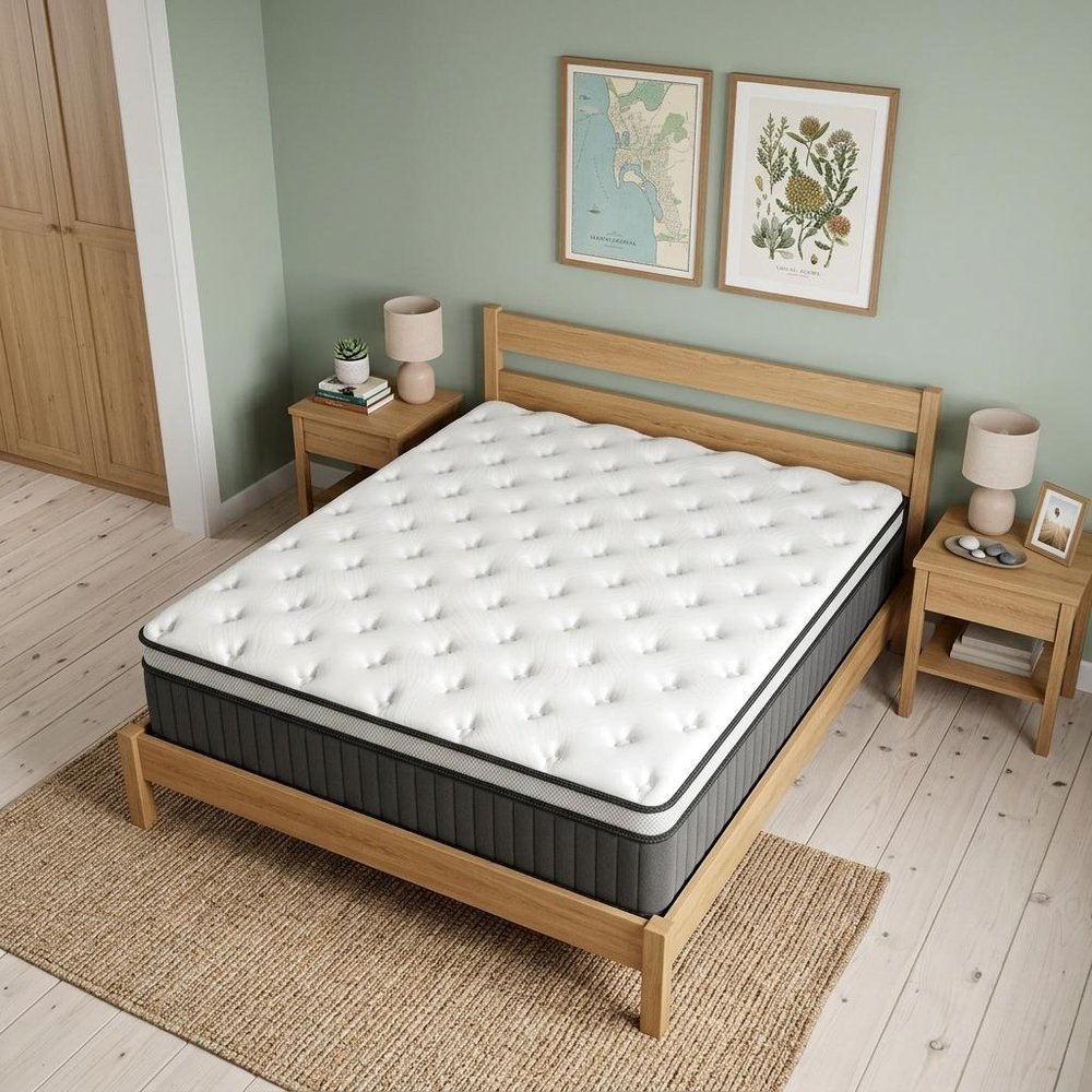 14" Twin Memory Foam Medium Euro Top Hybrid Mattress styled in a furnished interior with a gray wall on a wood floor.