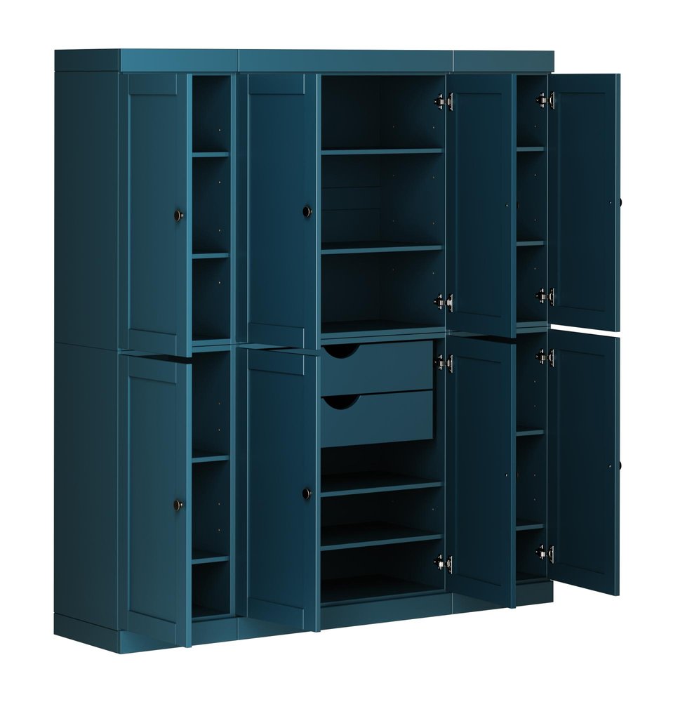 72" Teal Blue Solid Wood 8 Two Drawer Pantry Or Storage Closet