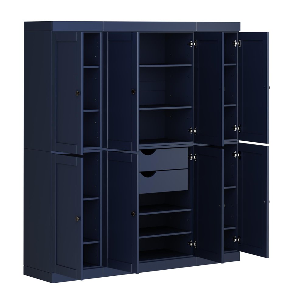 72" Navy Blue Solid Wood 8 Two Drawer Pantry Or Storage Closet
