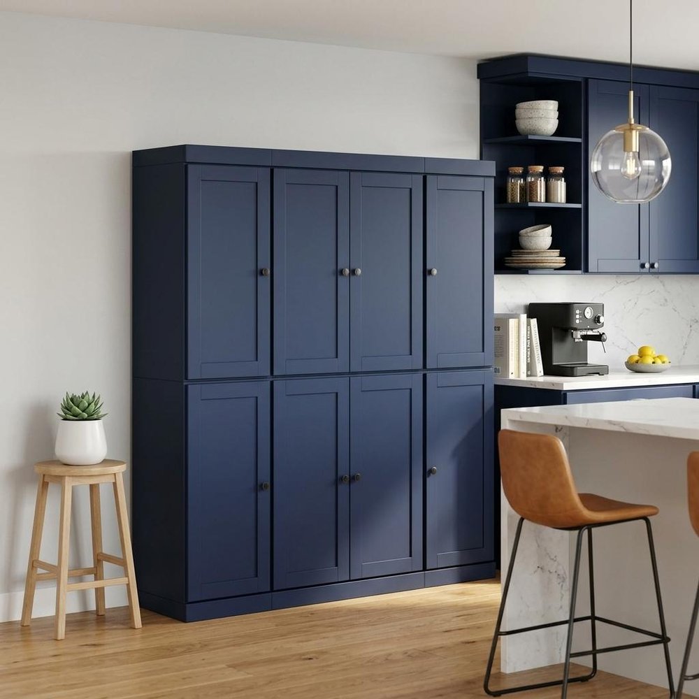 72" Navy Blue Solid Wood 8 Two Drawer Pantry Or Storage Closet